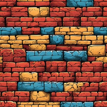 This vibrant brick wall showcases an array of colors including red, yellow, turquoise, and purple. The design reflects an artistic approach often found in urban environments. Generative AI.