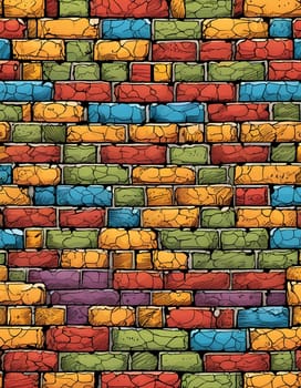 This vibrant brick wall showcases an array of colors including red, yellow, turquoise, and purple. The design reflects an artistic approach often found in urban environments. Generative AI.