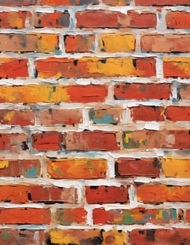 A textured brick wall displays an array of colors, featuring warm reds, oranges, and cool blues, adding vibrancy and depth to a contemporary space. Generative AI.
