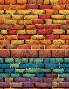 This vibrant brick wall showcases an array of colors including red, yellow, turquoise, and purple. The design reflects an artistic approach often found in urban environments. Generative AI.