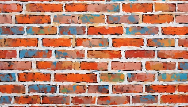 A textured brick wall displays an array of colors, featuring warm reds, oranges, and cool blues, adding vibrancy and depth to a contemporary space. Generative AI.