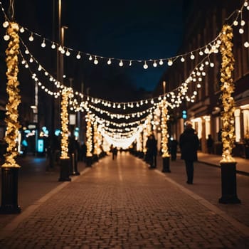Twinkling holiday garlands glow above a lively street as people stroll and enjoy the festive atmosphere during the evening hours of a charming town. Generative AI.