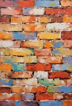 A textured brick wall displays an array of colors, featuring warm reds, oranges, and cool blues, adding vibrancy and depth to a contemporary space. Generative AI.