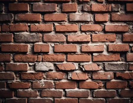 A rugged brick wall displays various shades of red and brown, highlighting its textured surface. The weathered bricks create a warm and inviting atmosphere in any room. Generative AI.