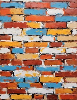 A textured brick wall displays an array of colors, featuring warm reds, oranges, and cool blues, adding vibrancy and depth to a contemporary space. Generative AI.