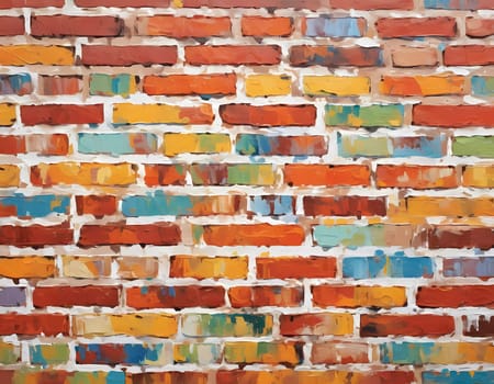 A textured brick wall displays an array of colors, featuring warm reds, oranges, and cool blues, adding vibrancy and depth to a contemporary space. Generative AI.