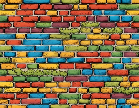 This vibrant brick wall showcases an array of colors including red, yellow, turquoise, and purple. The design reflects an artistic approach often found in urban environments. Generative AI.