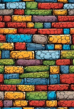 This vibrant brick wall showcases an array of colors including red, yellow, turquoise, and purple. The design reflects an artistic approach often found in urban environments. Generative AI.