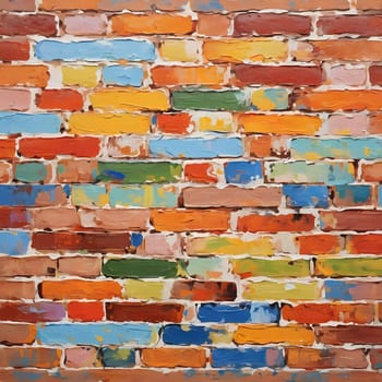 A textured brick wall displays an array of colors, featuring warm reds, oranges, and cool blues, adding vibrancy and depth to a contemporary space. Generative AI.