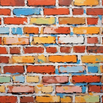 A textured brick wall displays an array of colors, featuring warm reds, oranges, and cool blues, adding vibrancy and depth to a contemporary space. Generative AI.