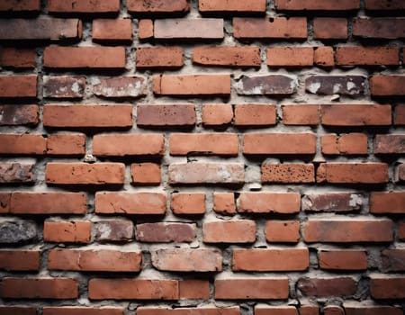 A rugged brick wall displays various shades of red and brown, highlighting its textured surface. The weathered bricks create a warm and inviting atmosphere in any room. Generative AI.