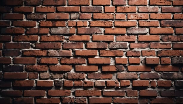 A rugged brick wall displays various shades of red and brown, highlighting its textured surface. The weathered bricks create a warm and inviting atmosphere in any room. Generative AI.