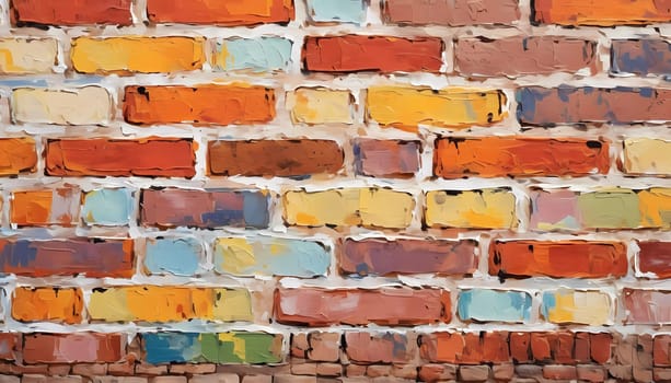 A textured brick wall displays an array of colors, featuring warm reds, oranges, and cool blues, adding vibrancy and depth to a contemporary space. Generative AI.