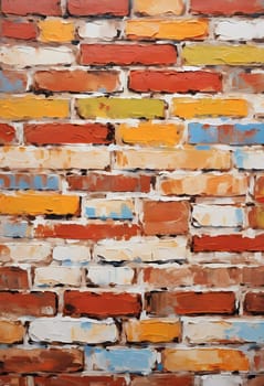 A textured brick wall displays an array of colors, featuring warm reds, oranges, and cool blues, adding vibrancy and depth to a contemporary space. Generative AI.