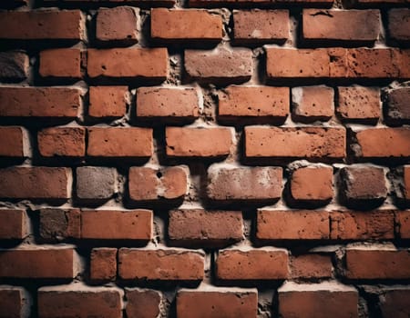 A rugged brick wall displays various shades of red and brown, highlighting its textured surface. The weathered bricks create a warm and inviting atmosphere in any room. Generative AI.