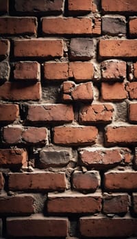 A rugged brick wall displays various shades of red and brown, highlighting its textured surface. The weathered bricks create a warm and inviting atmosphere in any room. Generative AI.