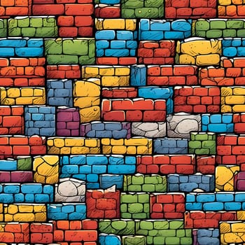 This vibrant brick wall showcases an array of colors including red, yellow, turquoise, and purple. The design reflects an artistic approach often found in urban environments. Generative AI.