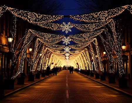 Twinkling holiday garlands glow above a lively street as people stroll and enjoy the festive atmosphere during the evening hours of a charming town. Generative AI.