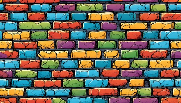 This vibrant brick wall showcases an array of colors including red, yellow, turquoise, and purple. The design reflects an artistic approach often found in urban environments. Generative AI.