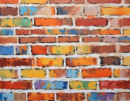 A textured brick wall displays an array of colors, featuring warm reds, oranges, and cool blues, adding vibrancy and depth to a contemporary space. Generative AI.