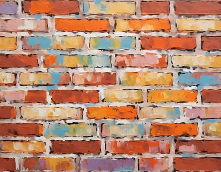 A textured brick wall displays an array of colors, featuring warm reds, oranges, and cool blues, adding vibrancy and depth to a contemporary space. Generative AI.