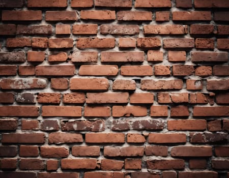 A rugged brick wall displays various shades of red and brown, highlighting its textured surface. The weathered bricks create a warm and inviting atmosphere in any room. Generative AI.