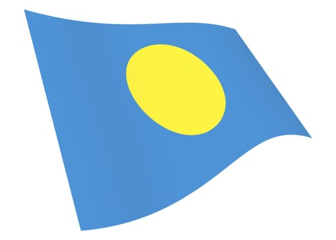 A Palau waving flag graphic isolated on white with clipping path 3d illustration blue Pacific Ocean gold full moon