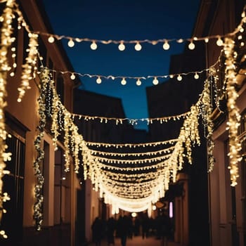 Twinkling holiday garlands glow above a lively street as people stroll and enjoy the festive atmosphere during the evening hours of a charming town. Generative AI.