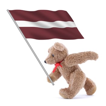 A Latvia flag being carried by a cute teddy bear