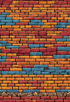 This vibrant brick wall showcases an array of colors including red, yellow, turquoise, and purple. The design reflects an artistic approach often found in urban environments. Generative AI.