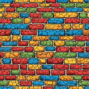 This vibrant brick wall showcases an array of colors including red, yellow, turquoise, and purple. The design reflects an artistic approach often found in urban environments. Generative AI.