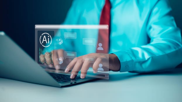 Intelligence artificial futuristic and technology development  AI network of brain on business analysis  Software for chat with AI  Businessman using the AI  chat system to find answers to questions.