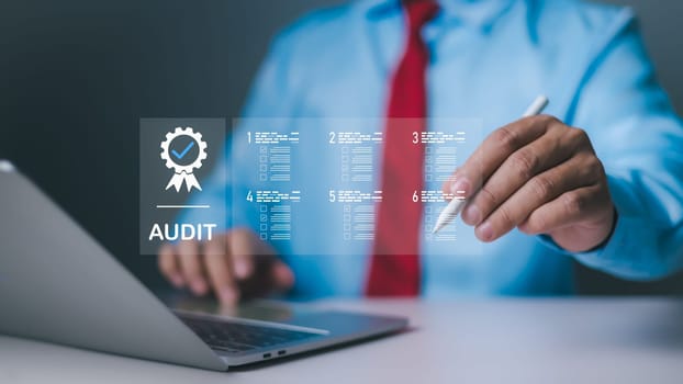 Audit business concept. Examination for business and financial management system. Compliance with internal organization financial services regulation,  Checklist, review, test, and survey form online.
