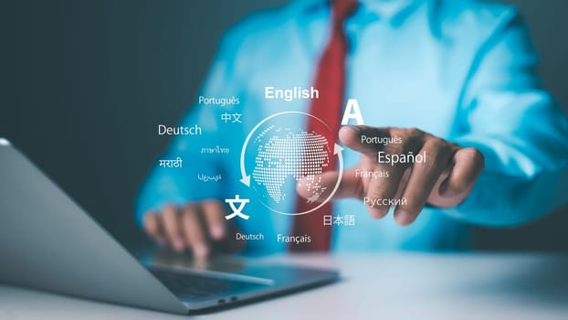 Language Translate and multilingual communication, Multilingual Language Translation Technology Concept. Person point to holographic globe with speech bubbles and various languages, represents global.