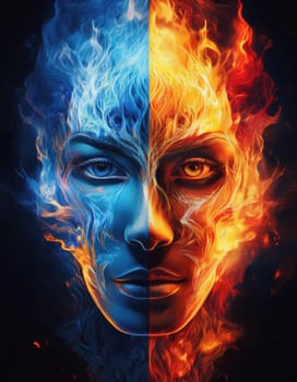 Split face burning half in orange fire flame and other side in ice blue blaze. Surreal contrasting personality, conceptual background. Bipolar energy concept