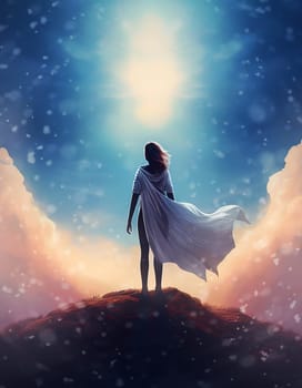 Woman in white flowing mantle stands on a rocky hilltop gazing at a bright ethereal light in the sky. Surreal scene above the clouds with falling snow, creating a mystical and serene heroic atmosphere