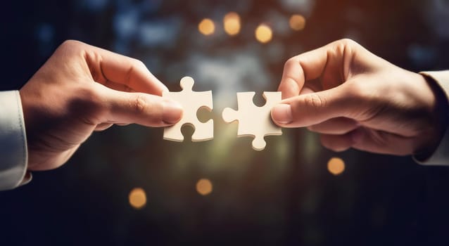Two businessman hands holding puzzle pieces and connecting the jigsaw. Collaboration symbol, problem solving and unity conceptual background. Cooperation and teamwork concept
