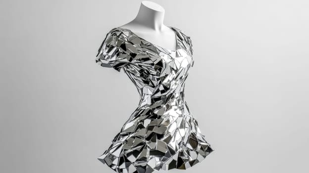 Studio shot featuring a metallic mini dress crafted from numerous reflective pieces, displayed on a mannequin against a white background, showcasing its unique and eye catching design