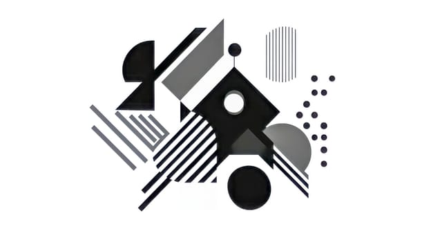 Modern abstract design showcasing various geometric shapes like circles, squares, and lines, creating a visually striking composition with contrasting black, white, and gray tones