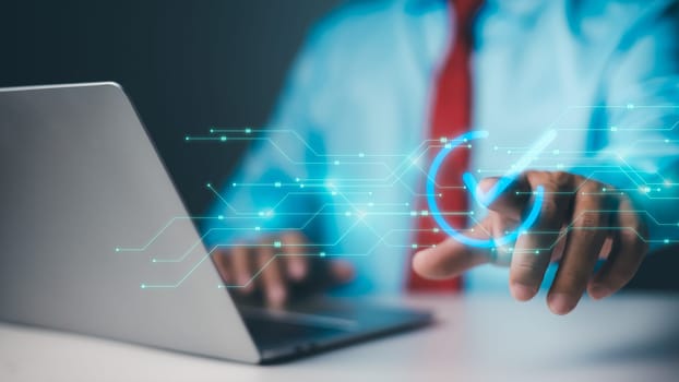 Business process validation automation concept, Service guarantee, quality assurance management, Certification, Digital transformation. businessman touching checked icon on virtual screen.