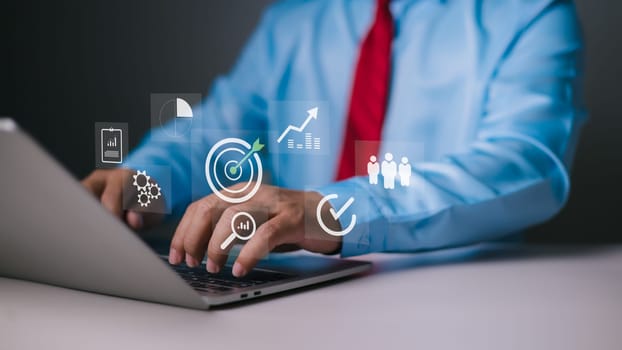 Target with digital marketing icons on virtual screen internet network connection, Targeting the business concept, Business goal, Digital marketing, Online business, Set goals for better results.