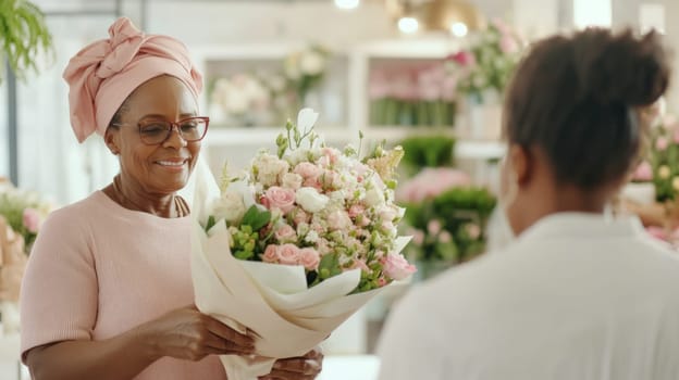 African american mature florist woman creates bouquet of flowers in flower store, AI Generated