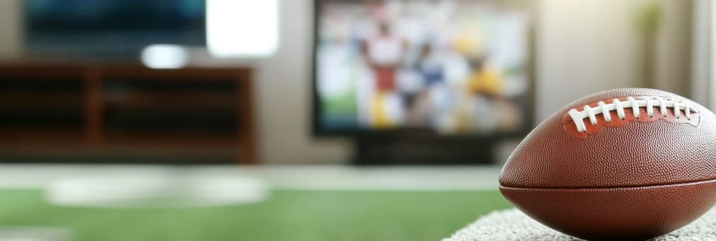 American football ball on foreground with blurred sport match on television in background, AI Generated