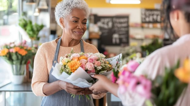 African american mature florist woman creates bouquet of flowers in flower store, AI Generated