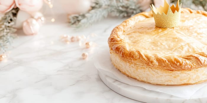 Three kings holiday festive cake topped with golden paper crown on a table, background, AI generated