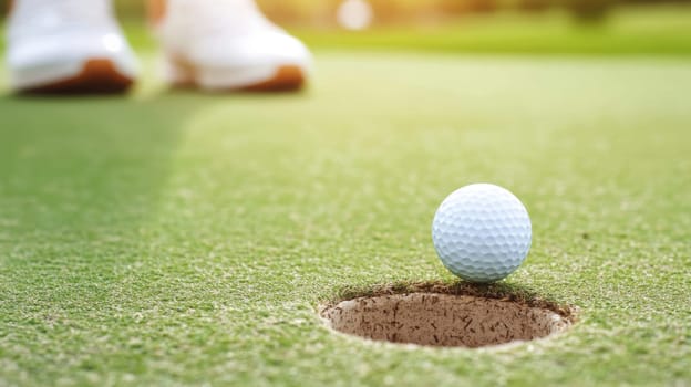 Golf ball near hole on green grass, concept of sport and leisure, AI Generated