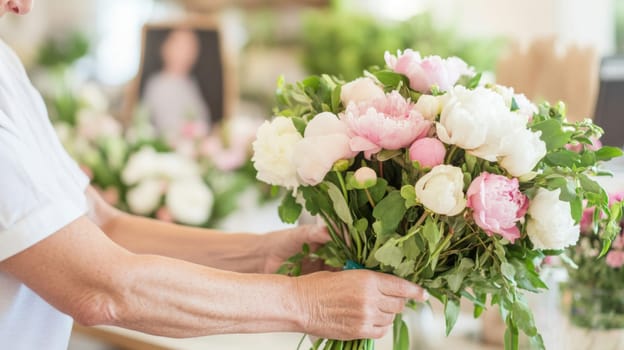 Mature florist woman creates bouquet of flowers in flower store, AI Generated
