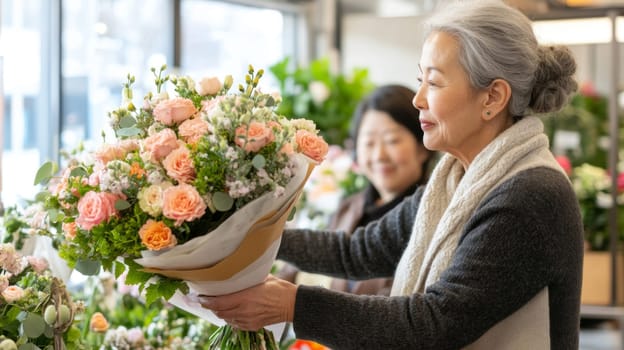 Asian american mature florist woman creates bouquet of flowers in flower store, AI Generated
