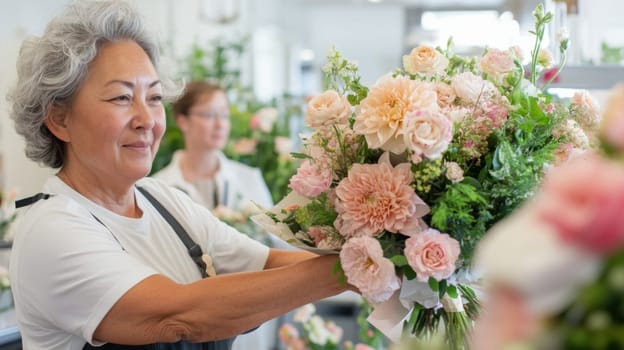 Latin american mature florist woman creates bouquet of flowers in flower store, AI Generated