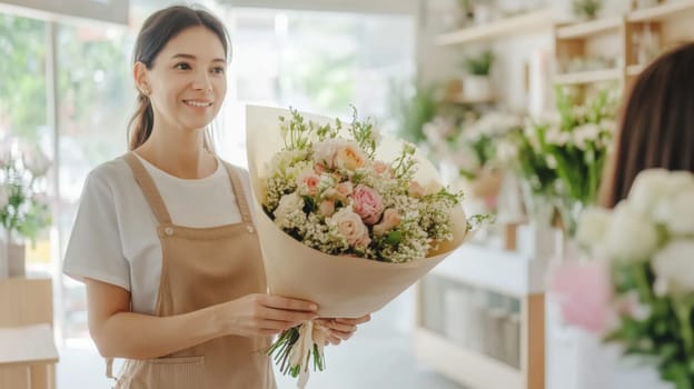 Mature florist woman creates bouquet of flowers in flower store, AI Generated